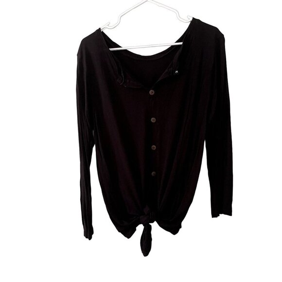 Classic black long sleeved button down v-neck top blouse comfortable knot detail - Picture 1 of 5